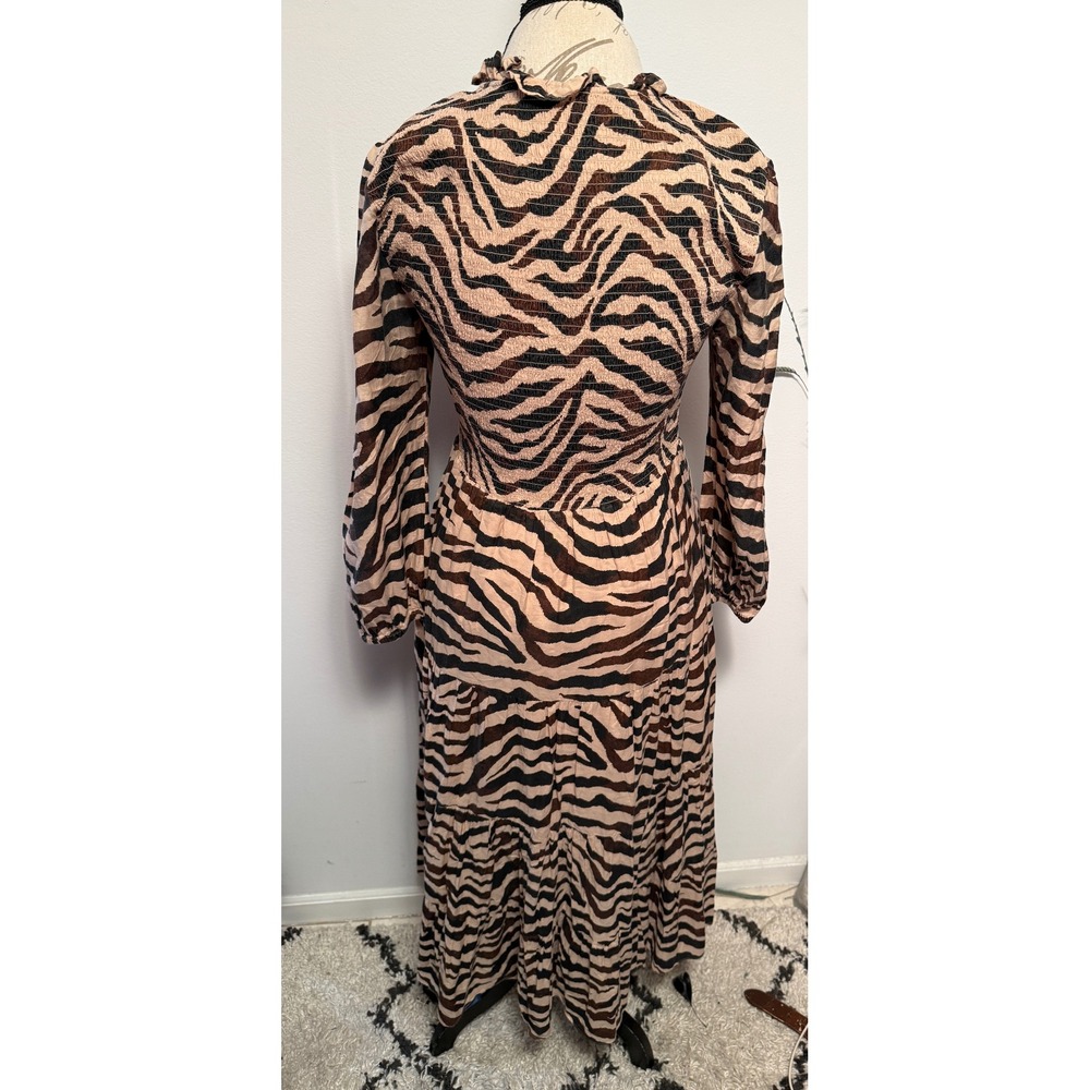 J. Crew Zebra Print Midi Dress Smocked Waist Tiered Skirt Long Sleeve Size M